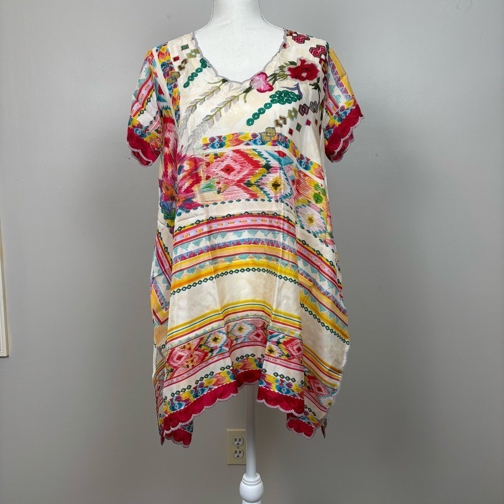 Johnny Was Multicolor Embroidered Cream Tunic with Pink Trim